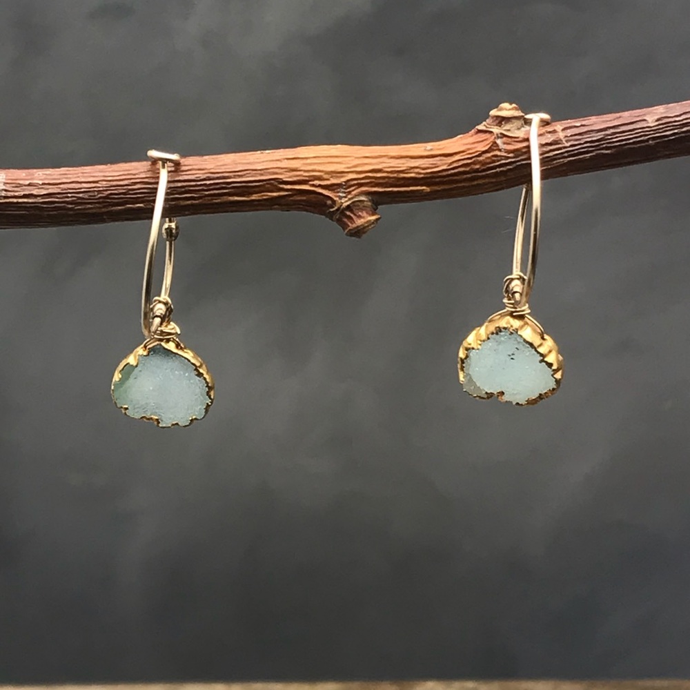 Blue gray Druzy with 14 k gold fill hoops - Picture 5 of 6